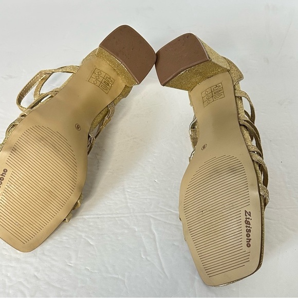 Gold Strappy Block Heel Sandals women size 8 sparkly zipper back 3’ heels party - Picture 9 of 15
